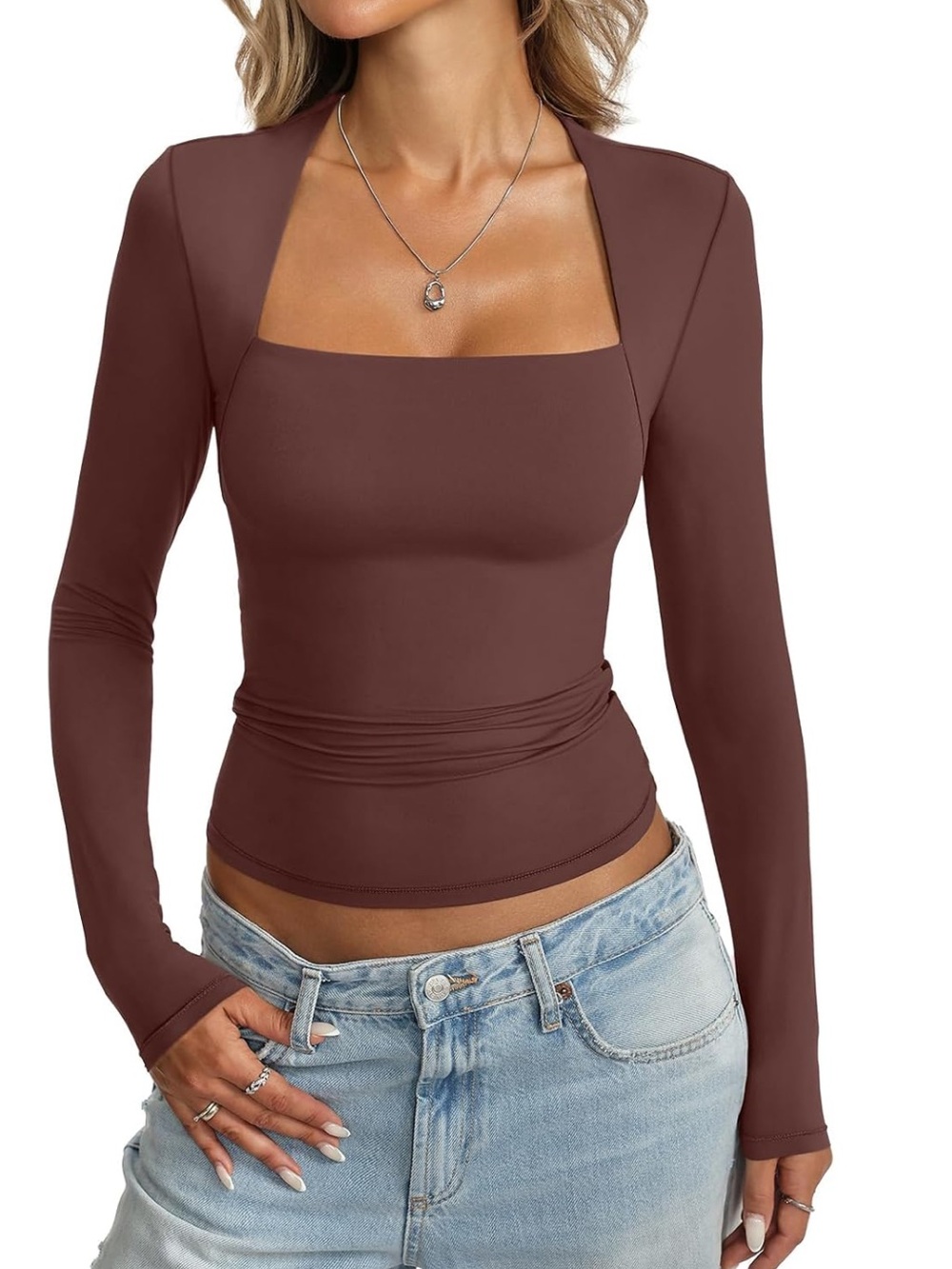 American Square Neck Long Sleeve Top Double Lined Smooth Trendy Brown